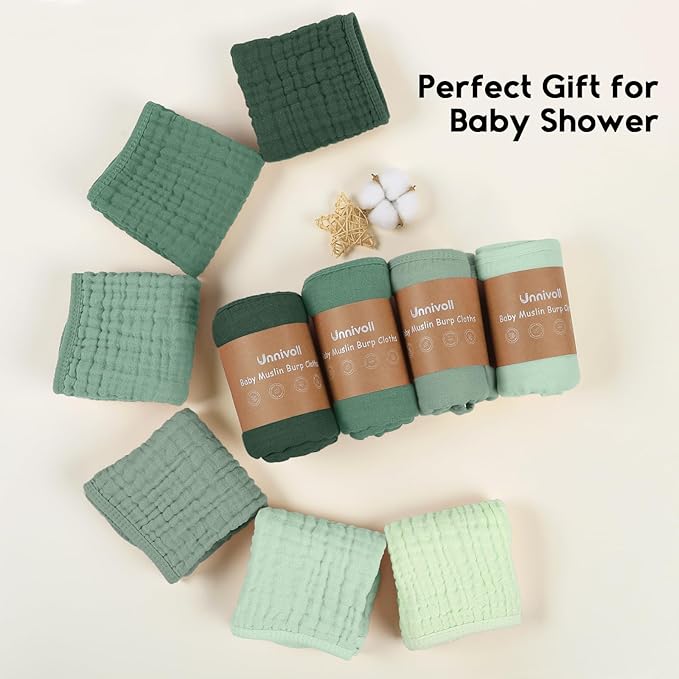 Muslin Burp Cloths for Baby 100% Cotton Burping Cloths for Boys Girls Large 20''X10'' Extra Soft and Absorbent 12 Pack - Gradient Green