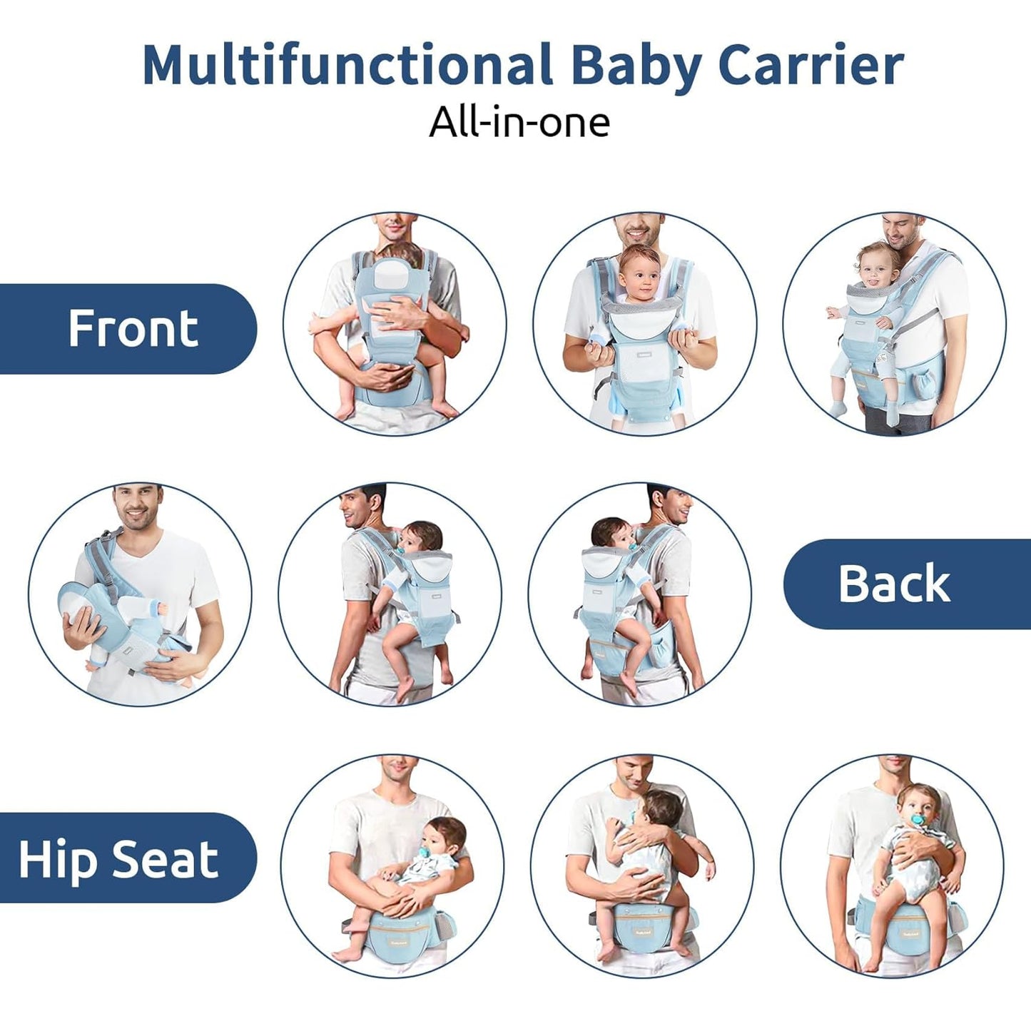Baby Carrier with Hip Seat,Ergonomic M Position 6in1 Baby Carrier Newborn to Toddler,Head Support and Breathable Mesh Newborn Carrier,Adjustable Baby Holder Carrier for Dad&Mom-Blue