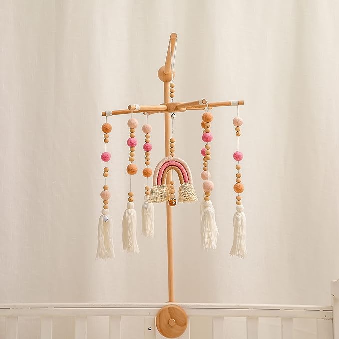Baby Crib Mobile,Crib Mobile Wooden Mobile with Colorful Cotton Ball Wool Felt Ball Boho Baby Mobile Bassinet Mobile for Crib,Mobile for Baby Nursery and Ceiling Decoration