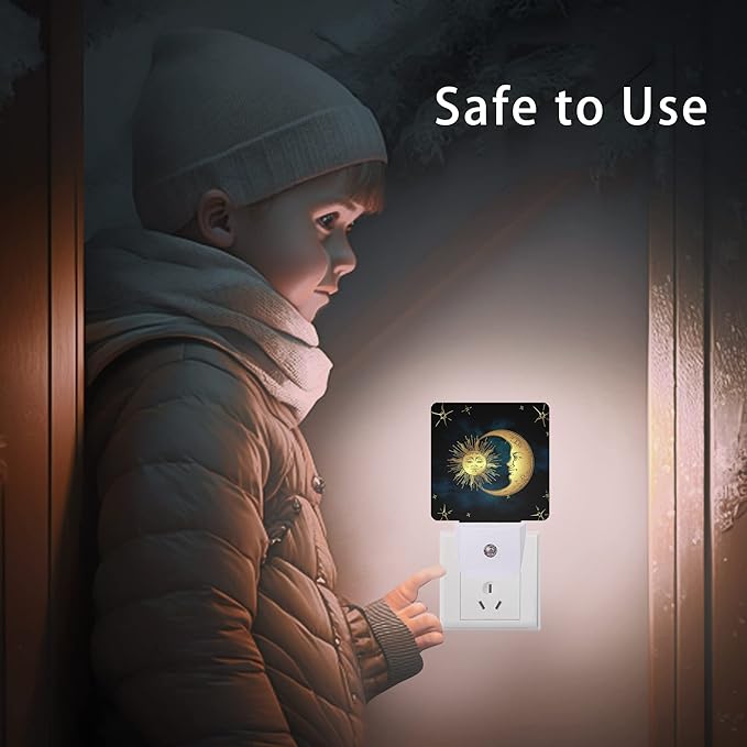 Celestial Moon Golden Sun Night Light,Boho Chic Stars Night Lights Plug into Wall with Dusk to Dawn Light Sensors 0.5W Dim Night-Lights for Bedroom