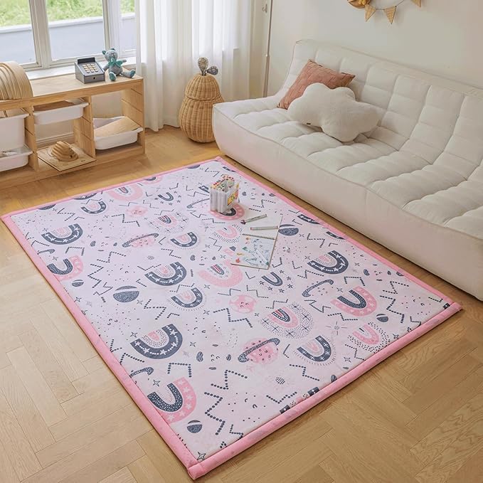 Loartee Rainbow Kids Play Mat - 1" Thick Baby Nursery Rug, Soft Crawling for Toddlers, Coral Velvet Memory Foam Tummy Time, Pink, 59"x59"