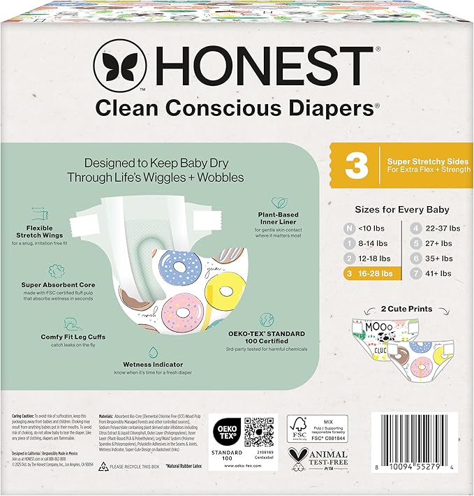 The Honest Company Clean Conscious Diapers for Delicate Skin | Up to 100% Leakproof | Hypoallergenic, Fragrance Free | Gender Neutral | Club Box, Size 3 (16-28 lbs), 62 Count (Prints May Vary)