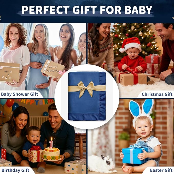 Pro Goleem Fleece Baby Blankets for Boys with 2 Inch Satin Trim, Super Soft Plush Receiving Blanket for Infant Toddler Newborn, Cozy 30x40 Inch Crib & Stroller Blanket (Navy Blue)