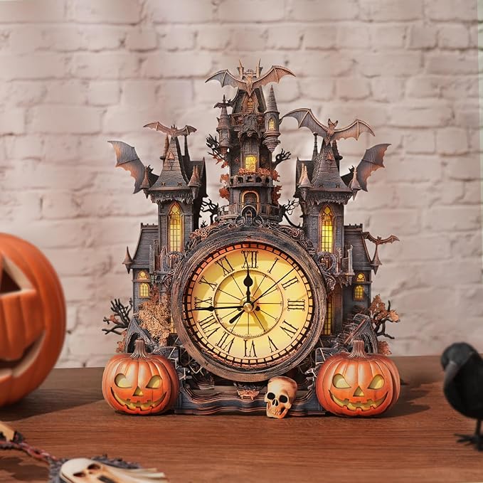 3D Puzzle for Adults Clock - Halloween Hut Clock Design Model Kit-Mechanical DIY Pendulum Clocks with Roman Numerals-Desk Home Office Decor Personalized Gift for DIY Lovers
