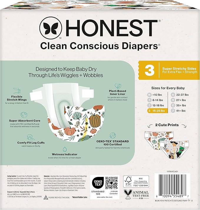 The Honest Company Clean Conscious Diapers for Delicate Skin | Up to 100% Leakproof | Hypoallergenic, Fragrance Free | Fall '25 Limited Edition Prints | Club Box, Size 3 (16-28 lbs), 62 Count