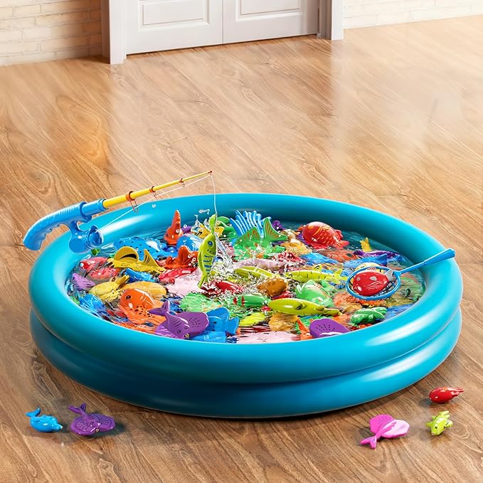 Pool Fishing Toys Games, Water Table Bathtub Toy with Inflatable Pool Pole Rod Net Plastic Floating Fish, Birthday Gifts for Kids Age 3 4 5 6 Year Old,Kids Outdoor Toys