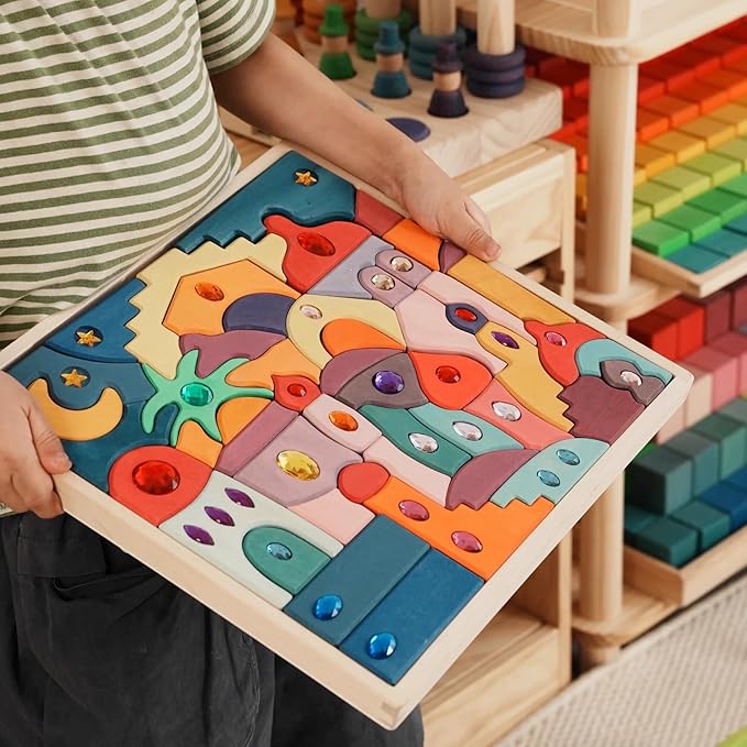 52PCS Wooden Acrylic Gem Blocks, Translucent Cubes Stacking Toys Natural Wood Creative Game Blocks Educational Toys for Children (Moon Beach Gemstone Blocks)