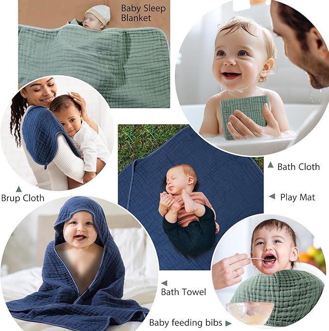VitalCozy 6 Pcs Baby Muslin Hooded Bath Towels and Washcloths, 32 x 32 Inch Cotton Absorbent Blankets for Newborn Infant Shower Gift (Green, Blue)