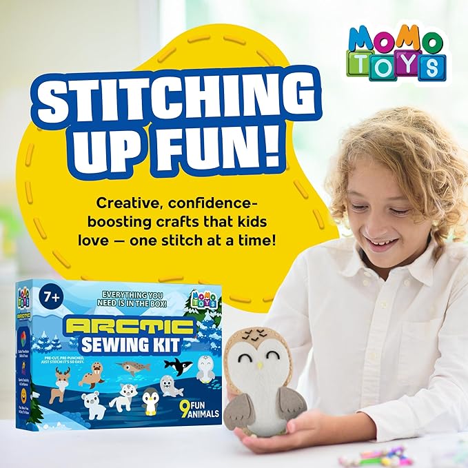 MOMOTOYS Arctic Animals Beginner Sewing Kit for Kids Ages 7+ – Includes 9 Kids Sewing Projects with Tools & Art Supplies – DIY Felt Crafts for Girls & Boys – Gifts for 7, 8, 9, 10, 11, 12 Year Old