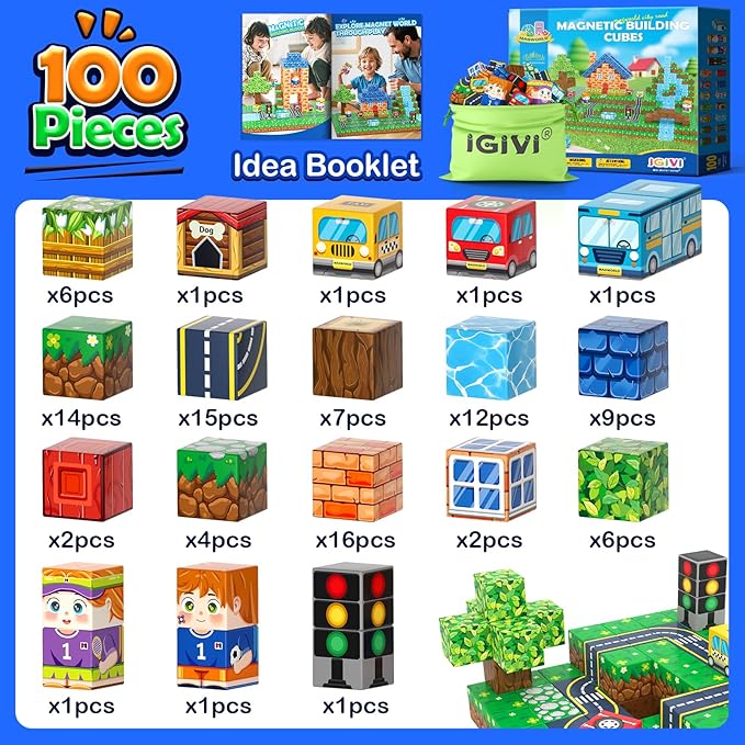 100PCS Magnetic Blocks - Build Mine Magnet World Road Set, Magnet Building Blocks Toddler Toys Creative Kids Games, STEM Sensory Toys for Kids 3+, 1'' Magnetic Cubes Classroom Must Haves Toy Gifts