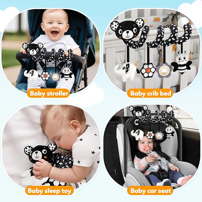 Baby Carseat Toy Black & White Rattle Spiral Hanging Activity Stroller Toy for Newborns Boys and Girls - Bear