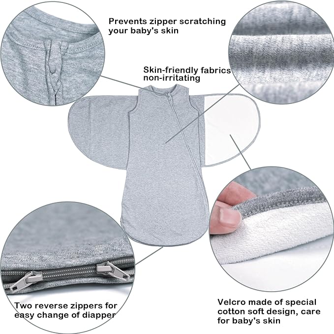 Baby Sleep Sack Swaddle,Swaddles 3-6 Months,3-Way Adjustable Wearable Transition Blanket Boy And Girl,100% Cotton,TOG 1.0(Grey)