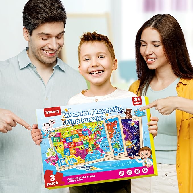 SYNARRY Large USA World Solar System Wooden Magnetic Puzzles for Kids Ages 4-6, Wood Puzzles Educational Games Toys Gifts for Toddlers, United States World Planet Space Map for Boys Girls Ages 3-5 4-8