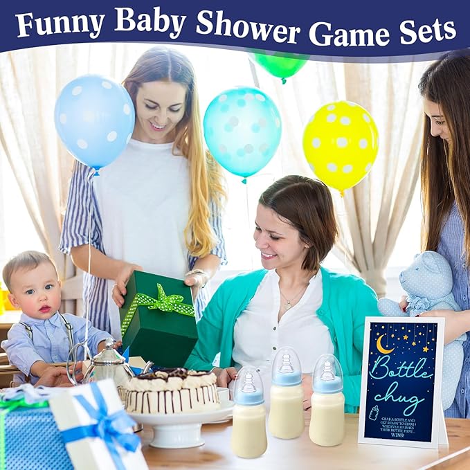 Roowest Bottle Chug Baby Shower Game Favors Including Moon Star Theme Wooden Sign and 18 Pcs Baby Bottles for Gender Reveal Party Supplies
