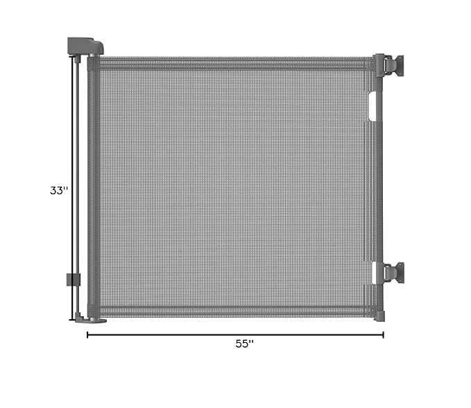 Retractable Baby Gate for Stairs – 33” Height, Expands up to 55” Width – Safety Gate for Infants, Toddlers, Dogs & Pets – Easy Install, Secure Closure, Gray Mesh Design for Indoor & Outdoor Use