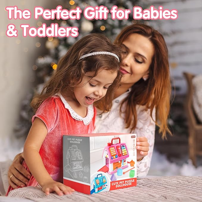 Montessori Toys for 1 Year Old, Baby Music Toys for 1 Year Old Girl Gift, 12-in-1 Musical House Toddler Learning Toy for 1 2 3 Ages, First Birthday Gifts for Girls and Boys, Educational Toy, (Pink)