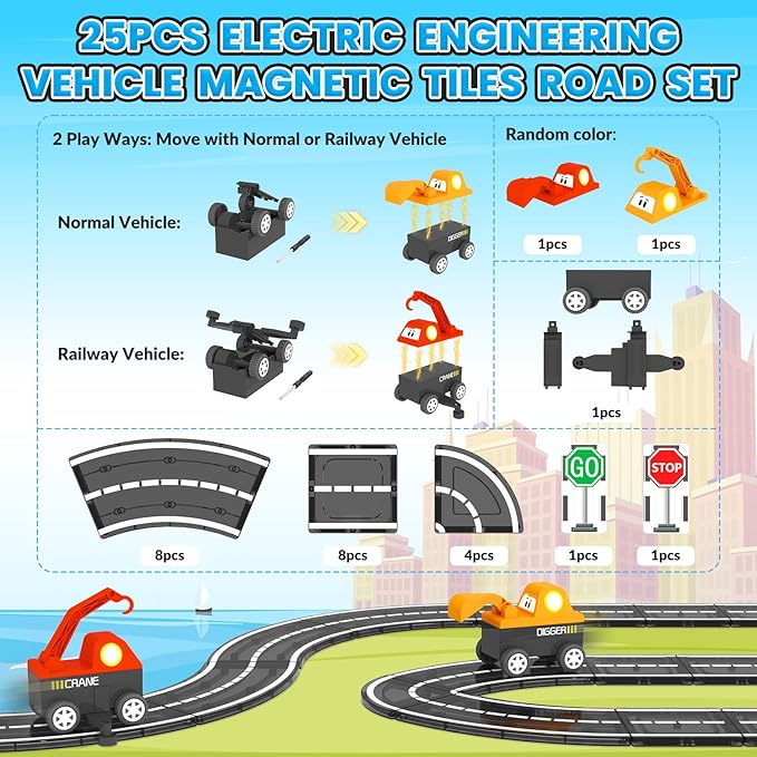 Magnetic Tiles Roads Engineering Vehicle Set, Magnetic Blocks Road Truck Car Toys for 3 4 5 6 Year Old Boys Girls, Cars Games Classroom Montessori Toys for Kids, Educational STEM Toy Birthday Gifts