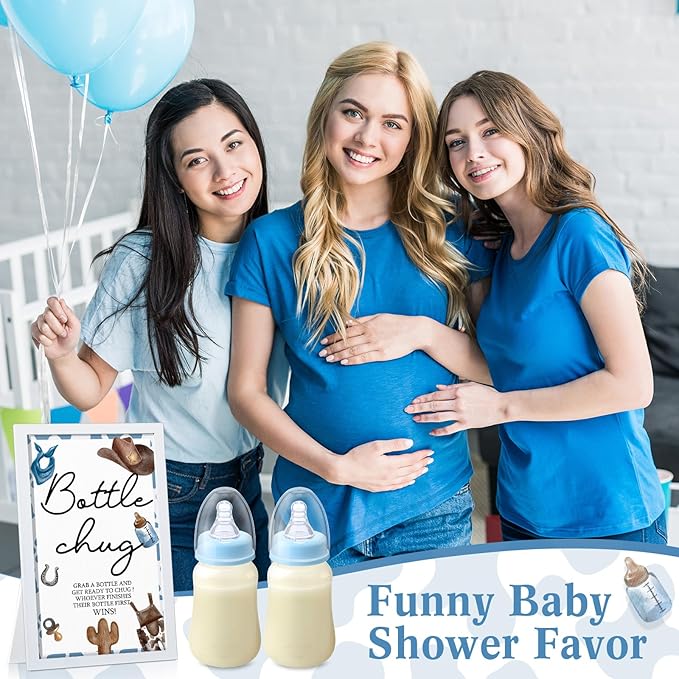 Roowest Bottle Chug Baby Shower Games Sets Including 18 Pcs Feeding Bottles with 1 Bottle Chug Wooden Sign for Gender Reveal Baby Shower Party Supplies(Blue,Cowboy)