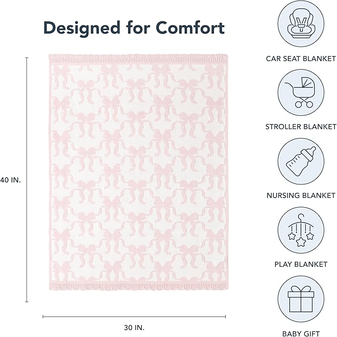 Berkshire Baby Blanket,Ultra-Plush Reversible Chenille Knit Toddler Blanket,Cute Pattern Nursery Crib Blanket,Ideal Baby Gift(30x40 Inches,Ribbon Bow White Pink)