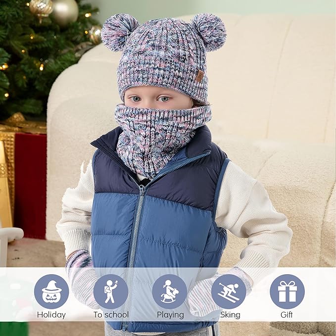 Kids Toddlers Winter Beanie Hats Gloves Neck Scarf Set Mittens Gifts for 0 6 12 Months 1 2 3 4-8 Year Old Baby Girls Boys