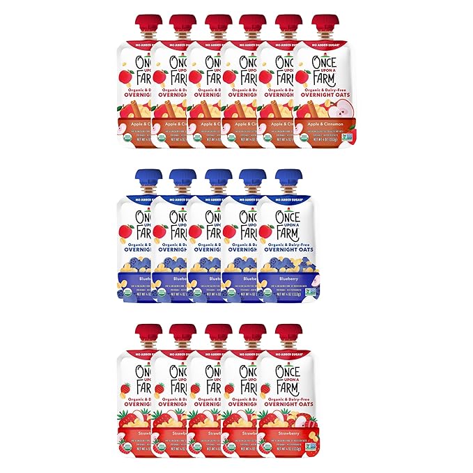 Once Upon a Farm Pouches, Overnight Oats Variety Pack, Blueberry, Apple, Cinnamon, Strawberry, USDA Certified Organic, Non-GMO, Cold-Pressed, No Sugar Added, Variety Pack of 16
