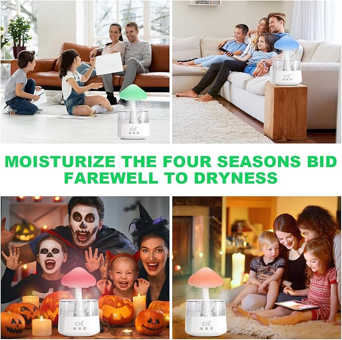 Cloud Rain Humidifier for Bedroom with Soothing Rain Sounds, Water Drip Mushroom Humidifiers 7 Colors Mood Raindrop Air Moisturizer Waterfall Night Light Sleep Aid Diffuser (White Cloud, CH08)