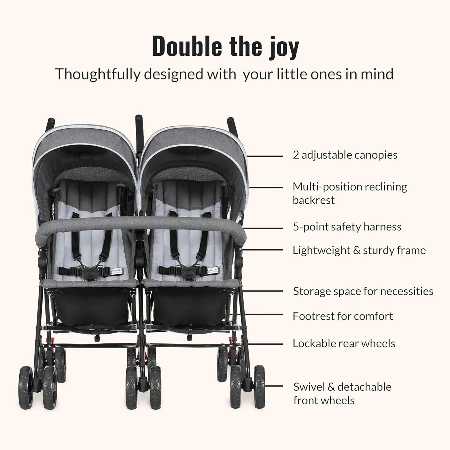 Dream On Me Volgo Twin Umbrella Stroller in Gray, Lightweight Double Stroller for Infant & Toddler, Compact Easy Fold, Large Storage Basket, Large and Adjustable Canopy