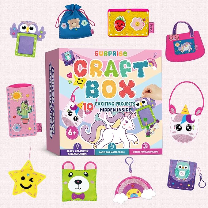 Sewing Kit for Kids, Arts & Crafts for Kids Ages 4-8,Craft Box 10 Felt DIY Projects of Stuffed Animal Dolls and Plush Pillow, Crafts Activities Gift for Girls Boys Age 6 7 8 9 10 11 12 Years Old