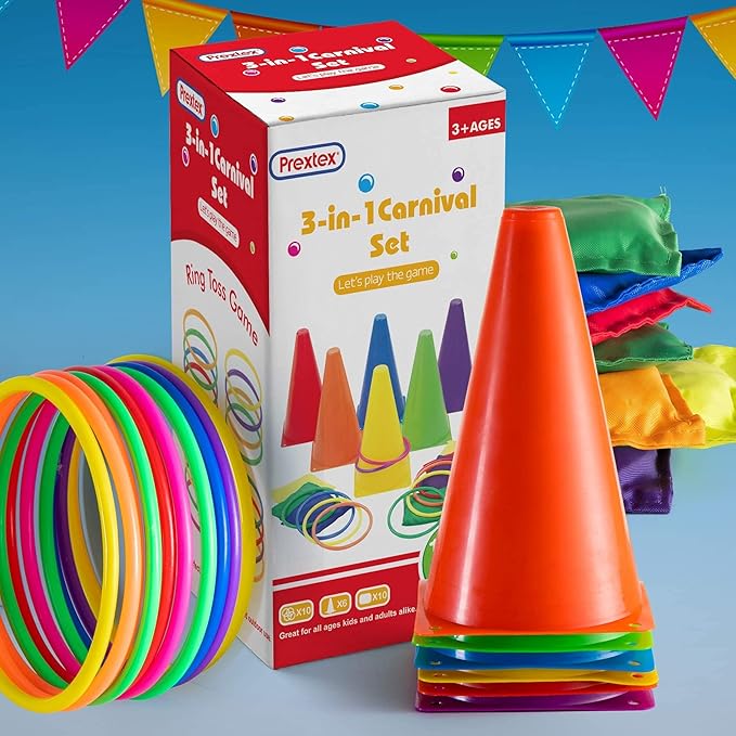 Prextex Multicolored 3-in-1 Yard Game Set - Ring Toss Game, Bean Bags, Cones - Outdoor Toys for Toddlers & Kids, Children's Indoor Play, Family Fun Carnival Games, Kids Party Cornhole Set, Lawn Games