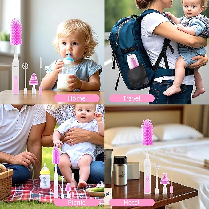 Electric Bottle Brush Cleaner, Portable Electric Baby Bottle Brush Cleaner for Travel, Rechargable Travel Bottle Cleaner Kit with Nipple & Straw Brush, Perfect Mom Essentials After Birth Gift, Pink