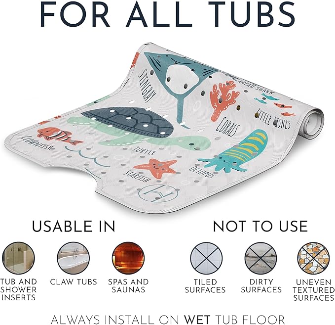 Homerella Baby Bath Tub Mat | Anti Mold Mildew Resistant Non Slip Kids and Adult Bath Tub Shower Mats | 40x16 inch Long with Suction Cups for Secure Grip Hooks for Storage & Drying | Machine Washable
