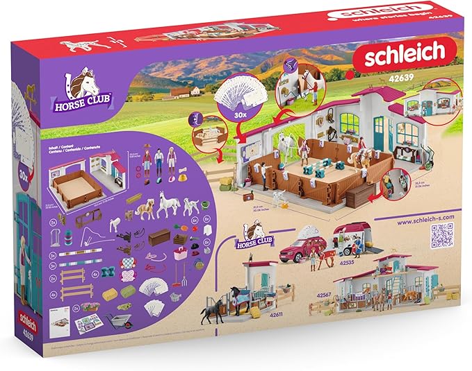 Schleich Horse Club - 179PC Peppertree Riding Arena Horse Playset with Real Dressage Cards - With Stable Set, 2 Horses, 3 Rider Figurines, Cards and Accessories - Toys for Girls & Boys Ages 5+ | 42639