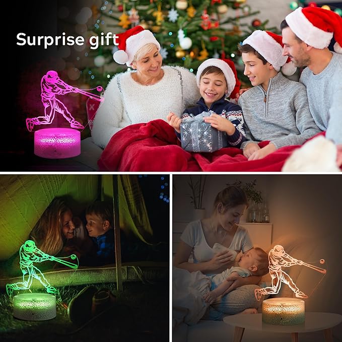 Baseball Man 3D Night Light for Kids for Teens Boys Girls Birthday Christmas Gift,with Smart Touch and Remote Control,Multiple Colors and Brightness Adjustment Room Decor Night Lamp
