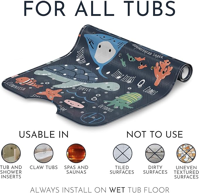 Homerella Baby Bath Tub Mat | Anti Mold Mildew Resistant Non Slip Kids and Adult Bath Tub Shower Mats | 40x16 inch Long with Suction Cups for Secure Grip Hooks for Storage & Drying | Machine Washable