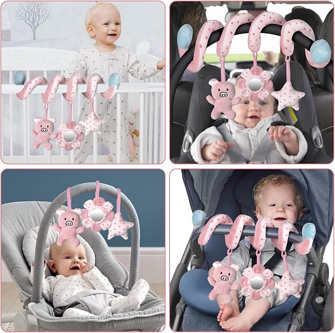 Car Seat Toys, Infant Baby Pink Pig Spiral Activity Hanging Toys Stroller Toys for Car Seat Stroller Bar Crib Bassinet Mobile with Mirror BB Squeaker and Rattles