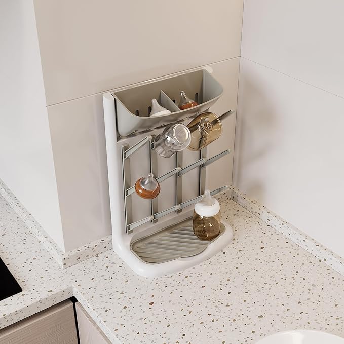 IEEK Baby Bottle Drying Rack,Space Saving Countertop Drying Rack for Baby Accessory & Pump Parts,Suction Cup Wall Mounted Bottle Rack Holder Large Vertical Drying Tower,Grey and White