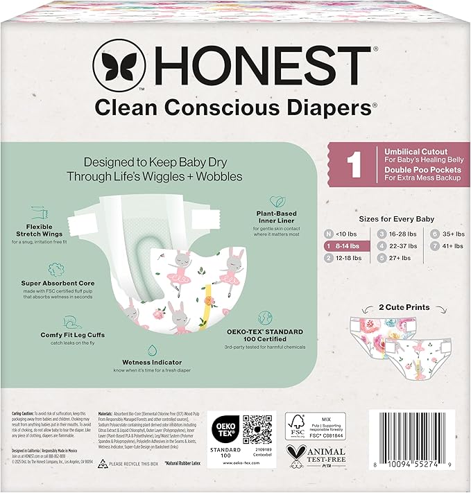 The Honest Company Clean Conscious Diapers for Delicate Skin, Up to 100% Leakproof Hypoallergenic Fragrance-Free Baby Diapers, Girl Prints, Club Box, Size 1 (8–14 lbs), 78 Count (Prints May Vary)