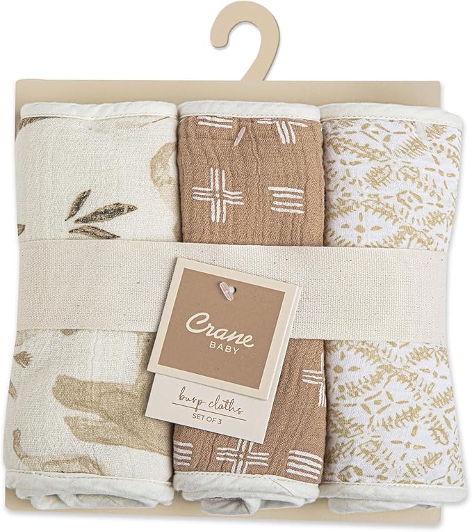 Crane Baby Muslin Baby Burp Cloths Set of 3, Safari Animal Print, 100% Cotton, Absorbent, Lightweight, 7"X20", Baby Newborn Essentials, Safari Baby Stuff
