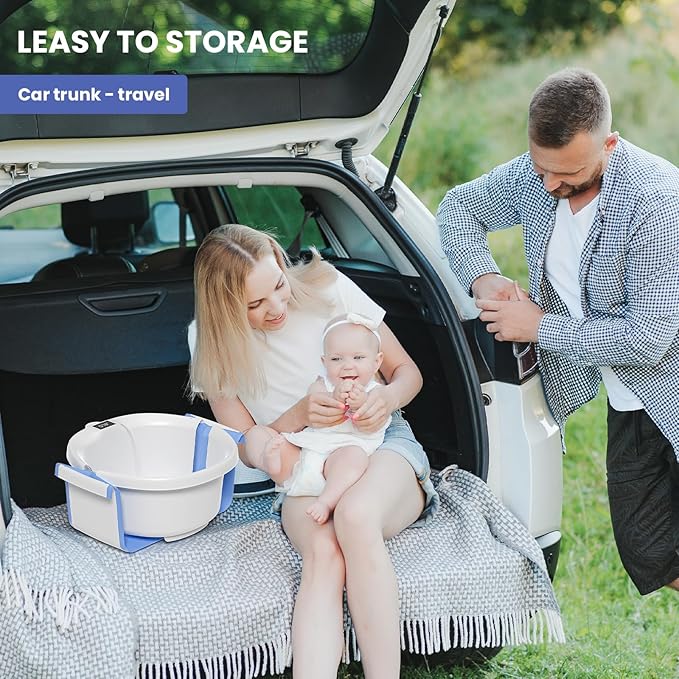 Collapsible Baby Bathtub, Baby Tubs for Newborns with Soft Cushion & Thermometer & Toy Organizer Mesh Bag, Infant Bathtub to Toddler 0-36 Months, Portable Travel Newborn Baby Bathtubs (Blue)