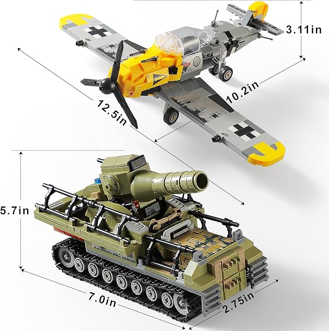 WW2 Military Toys Building Sets Compatible with Lego, Create a BF109 Plane Fighter Jet & a Karl Giant Mortar Tank, Great WWII Army Airplane Toy for Boys and Kids Age 8-12