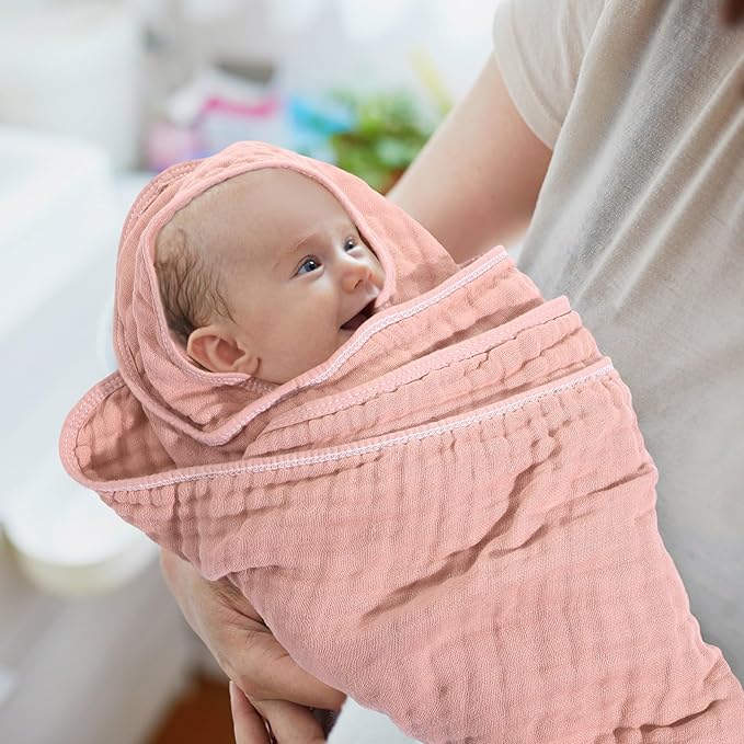 Peryiter 4 Pcs Muslin Hooded Baby Towels, 32"x 32" Cotton Newborn Bath Towel Muslin Infant Baby Blankets Absorbent Unisex Christmas Registry Gift Essentials for Girls Boys (Pink Series)