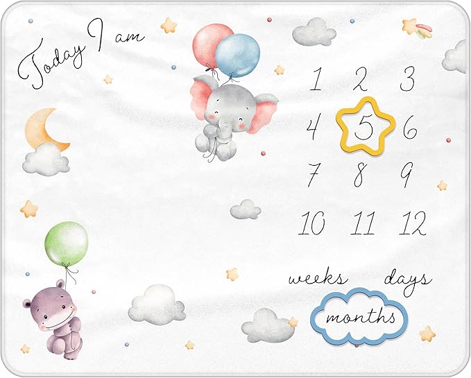 Baby Milestone Blanket, 40x50in Soft Flannel, Custom Cloud & Star Design with Baby Animals, Includes Yellow Star & Blue Cloud Milestone Markers, Perfect, White & Pastel Colors