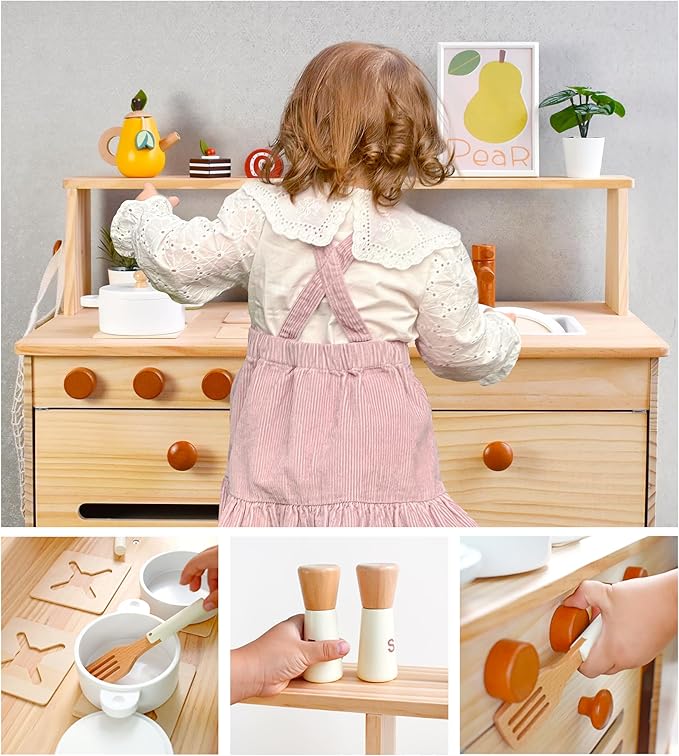 PairPear Wooden Play Kitchen Set, Solid Pine Wood 2 in 1 Kids Kitchen & Market Shelf with Chalkboard, Natural Finish, 7 Piece Pretend Play Kitchen playset for Age 3+