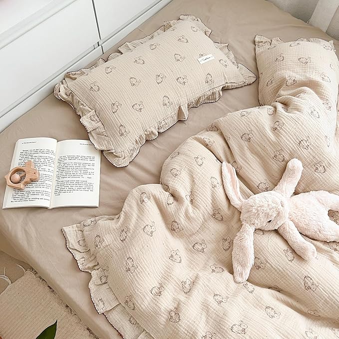 BuLuTu 2-Layer Cotton Muslin Toddler Pillowcase Rabbit Pattern, Soft Breathable Travel Pillow Case Fit for Boys Girls Toddler Pillow 13"x18"or 14"x19", Nursery Decor Kids Pillow Cover 14"x20"