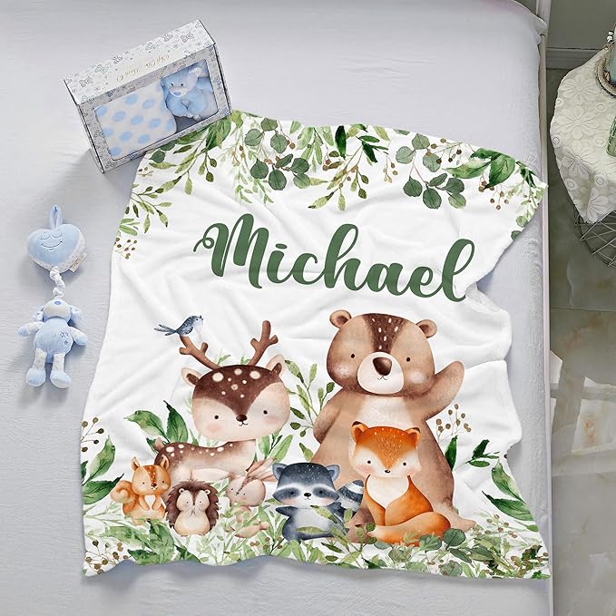 J&SBGFT Personalized Baby Blanket for Boys with Custom Name, Jungle Animal Receiving Blanket for Toddlers, Kids Nursery, Stroller, Crib, Decor Throw