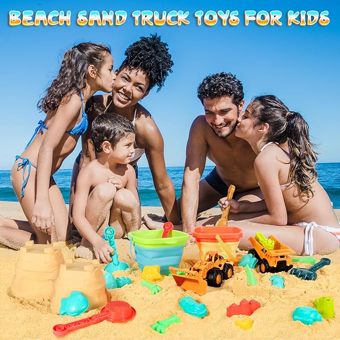 Beach Sand Toys for Kids, 29PCS Sandbox Toys with 2 Collapsible Bucket Sand, 2 Dump Truck, Dinosaur Molds, Castle Building Kit, Shovel Sieve,Flags,Mesh Bag Travel Beach Toys for Toddler 3-10