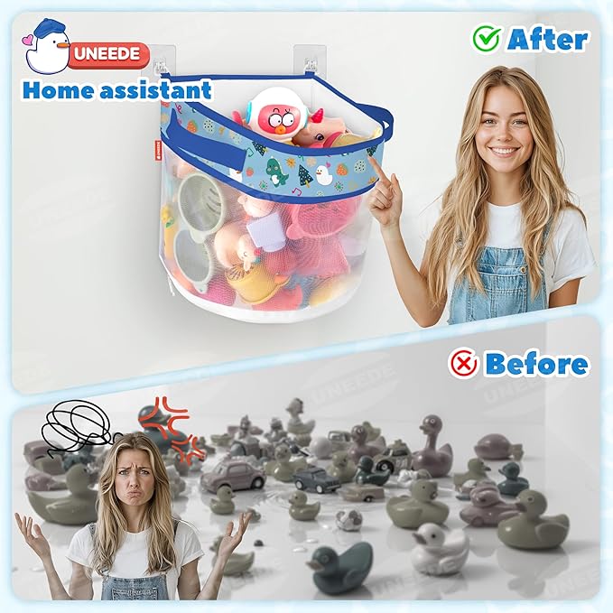 UNEEDE Dino Print Bath Toy Storage,4.15 Gallons Bathtub Toy Storage Organizer,Bath Toy Holder for Bathtub Organizer and Storage,Quick Dry Bath Toy Organizer,Mesh Shower Caddy,Blue Dinosaur Sutff