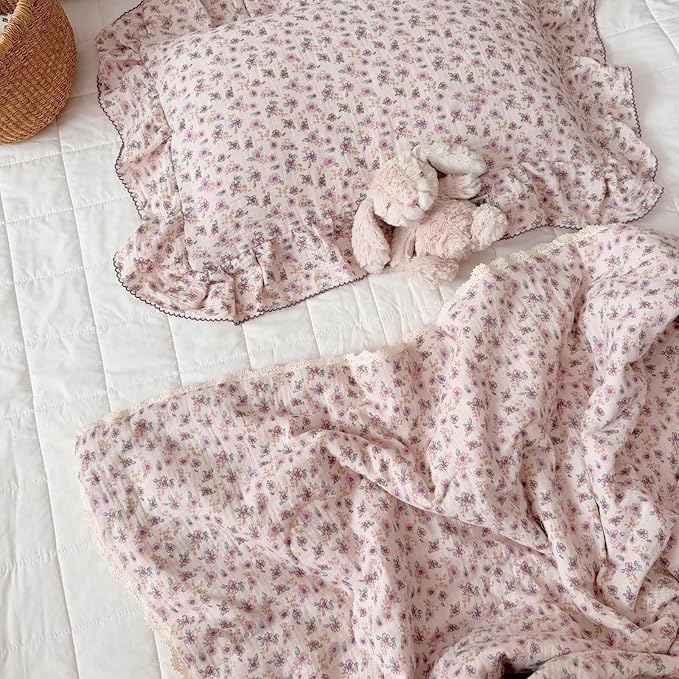 BuLuTu Purple Flower Print Kids Pillow Cases 20"x26" Fit for Standard Size Pillow, Soft Lightweight Muslin Pillow Cover 100% Cotton Floral Print Children Pillowcases with Ruffles, 1 pc