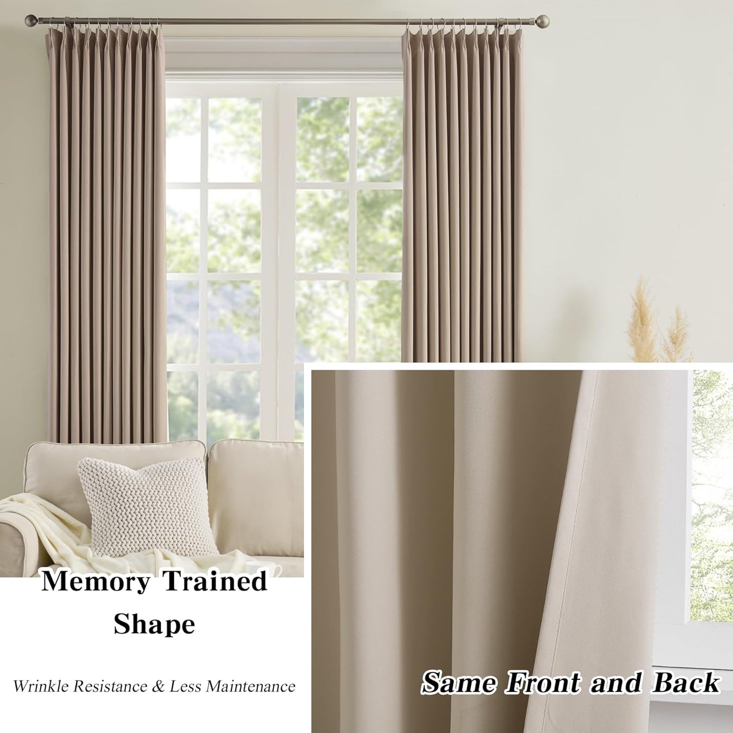 KEQIAOSUOCAI Pinch Pleated Window Curtain Panels 138 Inches Long Light Blocking Solid Ceiling Floor Pleated Curtains Hooks Track Privacy Memory Shape Drape for Living Room,Khaki,40x138, Set of 2