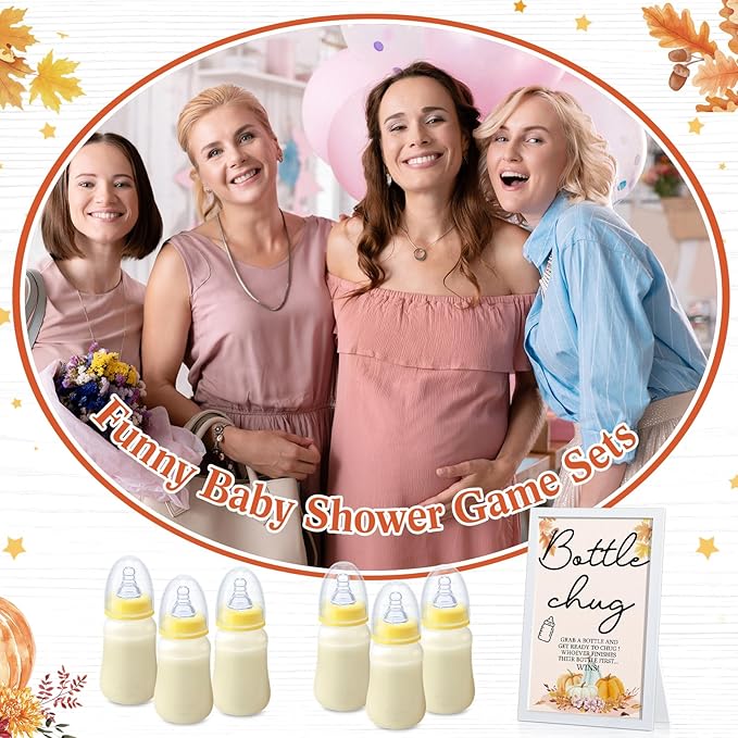Roowest Bottle Chug Baby Shower Game - Fall Pumpkin Theme, Wooden Sign and 18 Yellow Baby Bottles for Gender Reveal Party Supplies